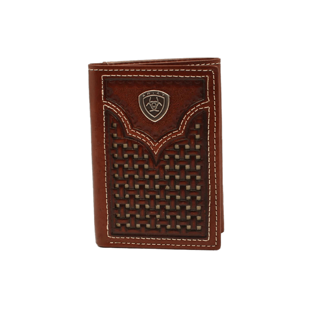 Ariat Men's Basketweave With Shield Concho Trifold Brown Wallet