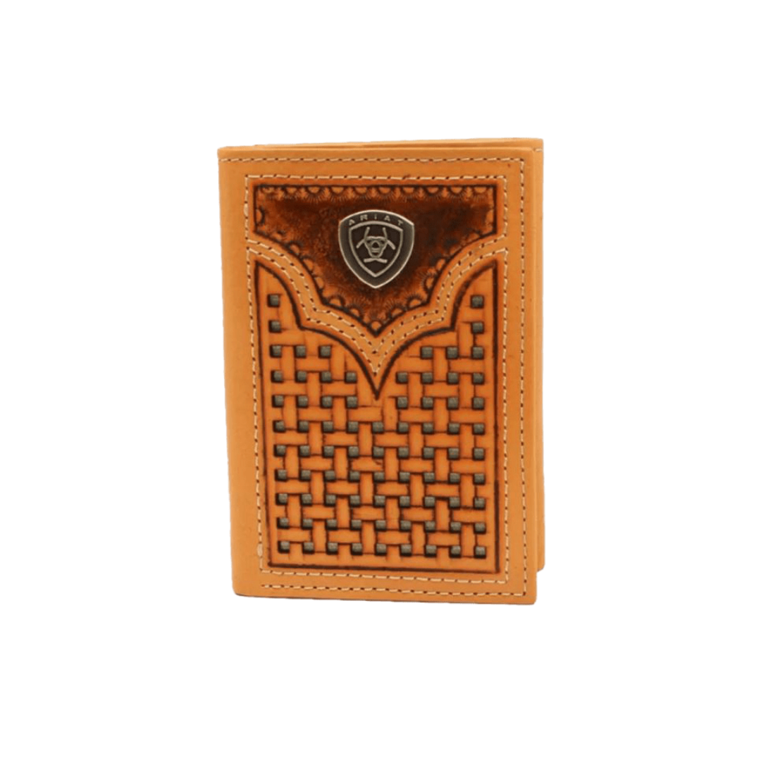 Ariat Men's Basket Weave Pierced Shield Trifold Brown Wallet