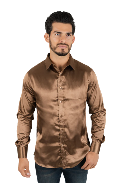 Men's Satin Brown Dress Shirt: Classic Style & Relaxed Fit