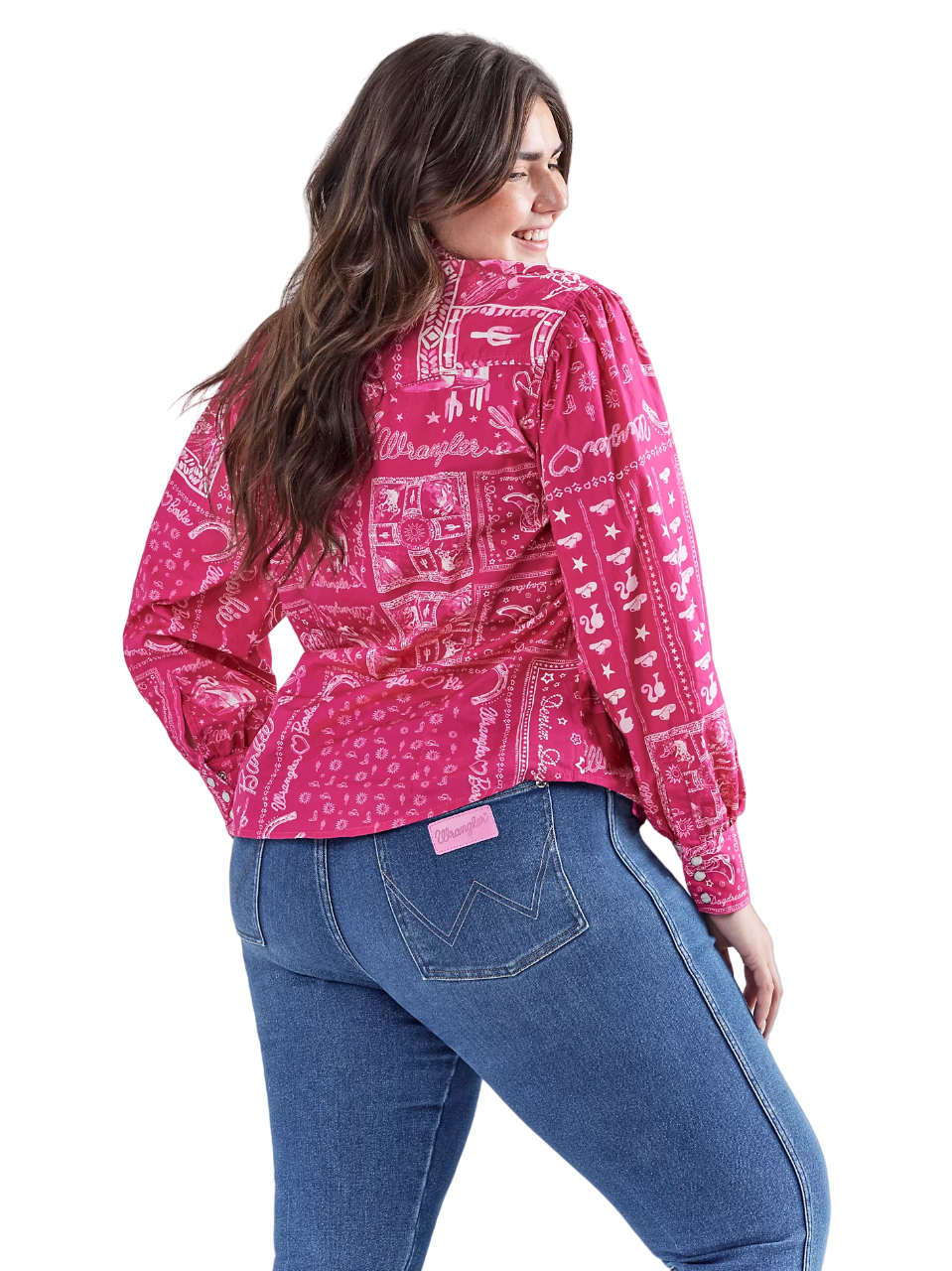 Wrangler Women's Barbie Western Balloon Sleeve Printed In Pink Bandana Blouse