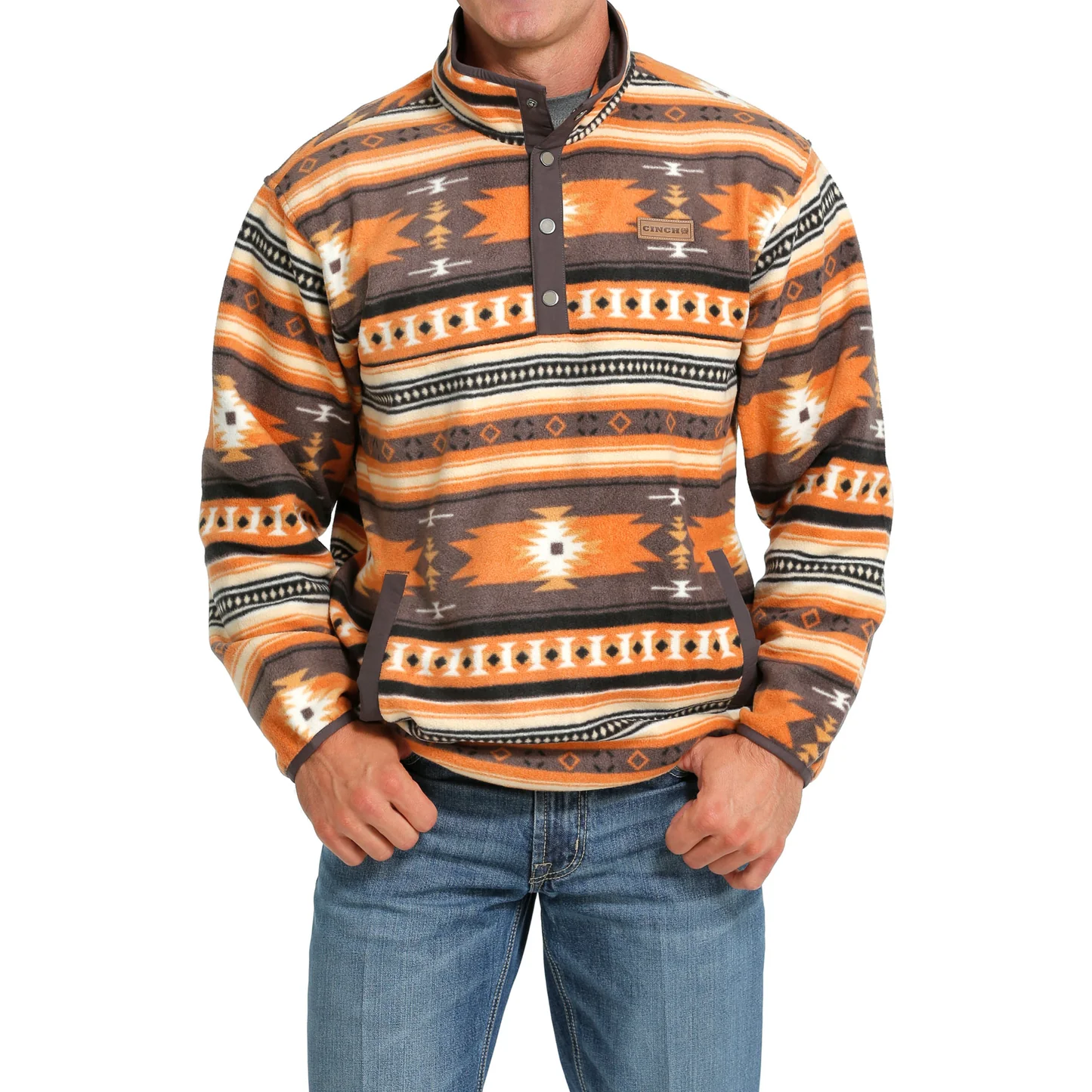 Cinch Men's Grey Orange Aztec Print Polar Fleece Sweater