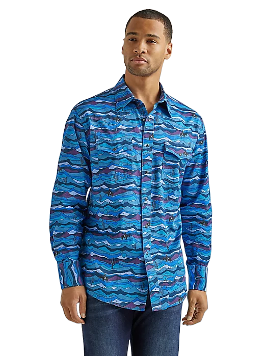 Wrangler Men's Way Out Wester Western Blue Shirt