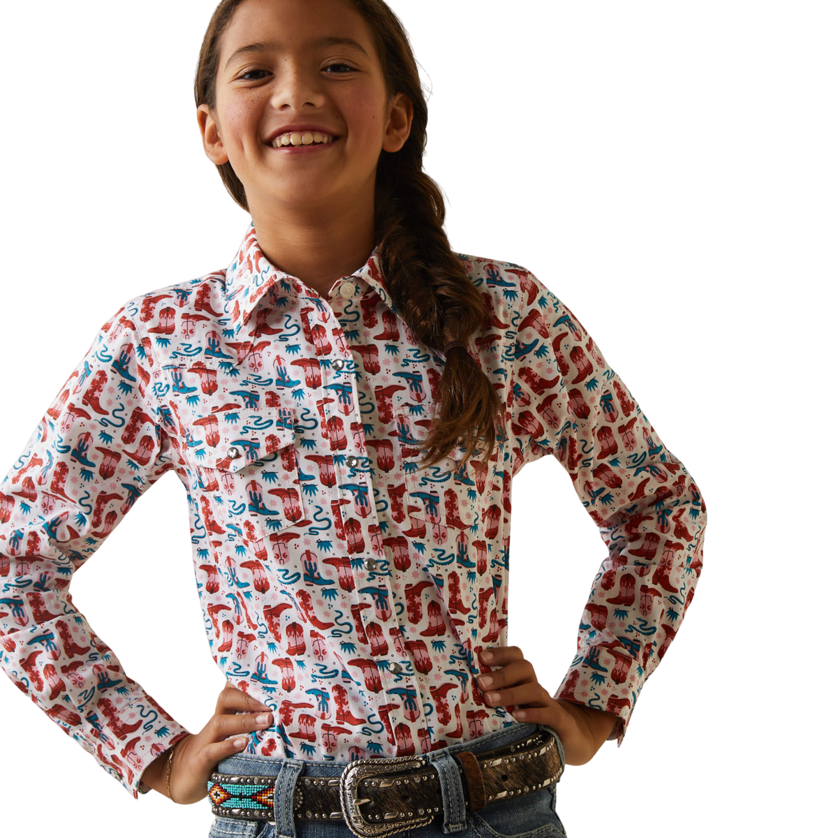 Ariat Youth Girl's Blazin' Boots Print Long Sleeve White Shirt