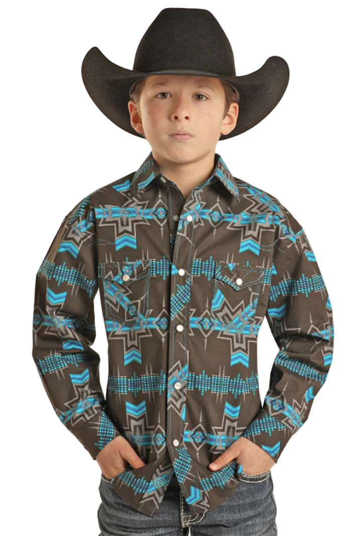 Panhandle Slim Youth Boy's Aztec Snap Blue Shirt