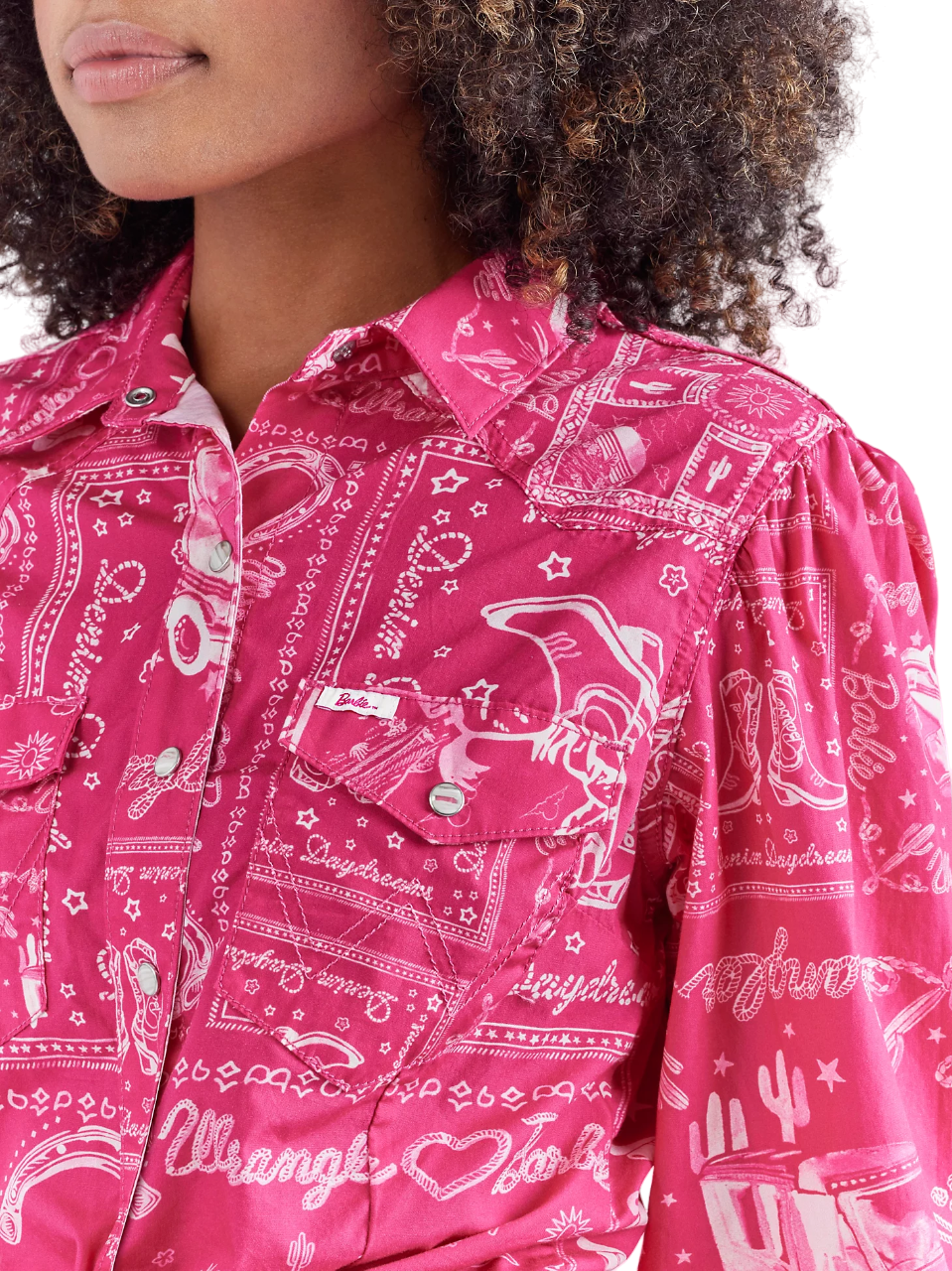 Wrangler Women's Barbie Western Balloon Sleeve Printed In Pink Bandana Blouse