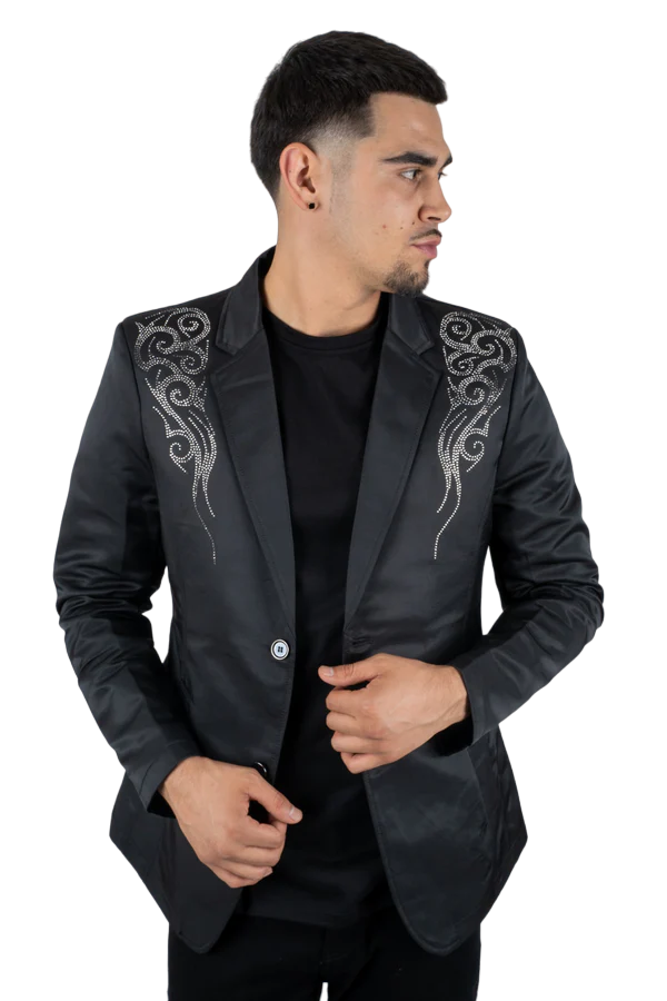 Platini Men's Double Button Rhinestone Black Blazer