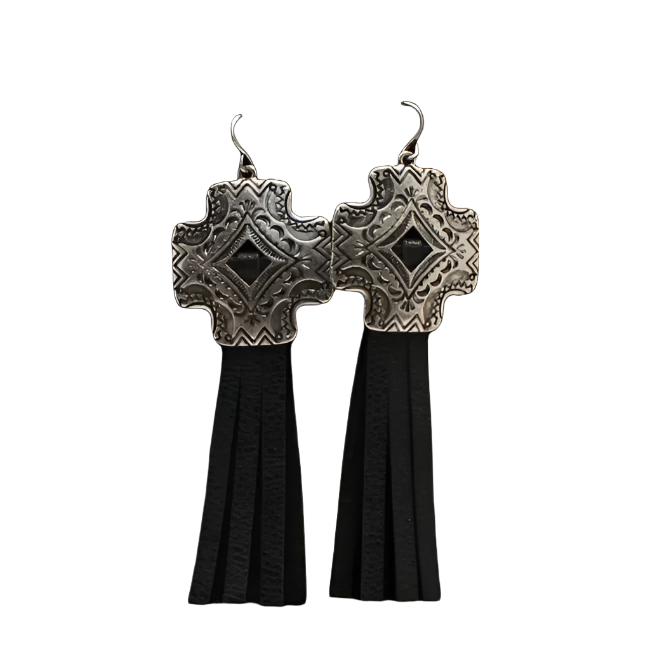 Blazin Roxx Women's Silver Cross Concho Tassel Black Earrings