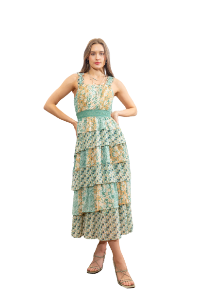 Miss Me Women's Floral Tiered Green Dress