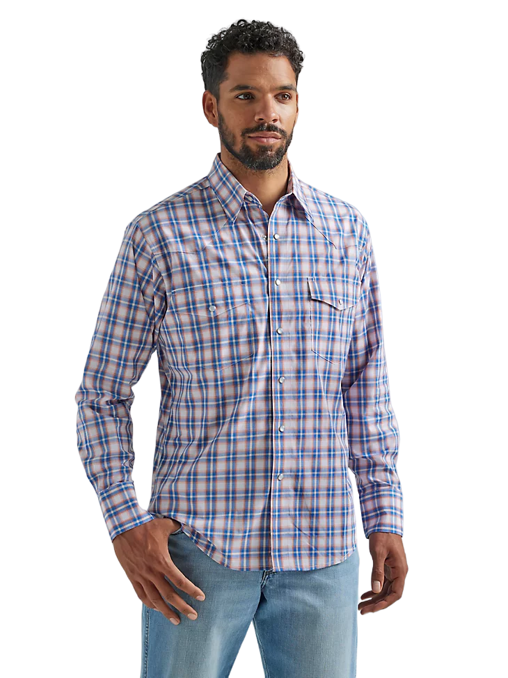 Wrangler Men's Wrinkle Blue Orange Western Plaid Shirt - Big