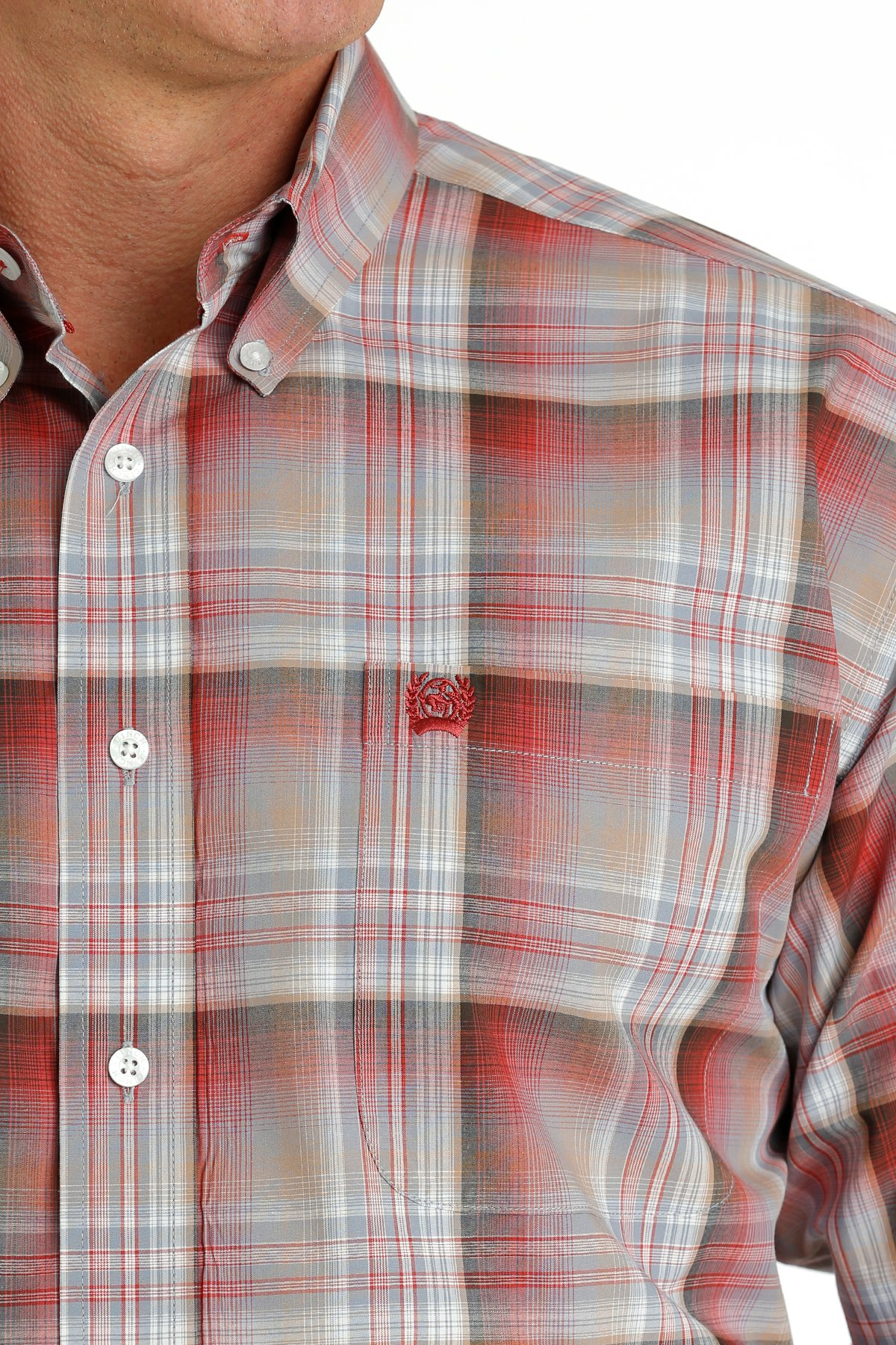 Cinch Men's Plaid Button Down Western Red Khaki Brown Shirt