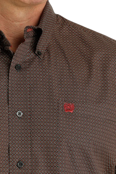 Cinch Men's Geometric Print Button Down Western Brown Khaki Shirt