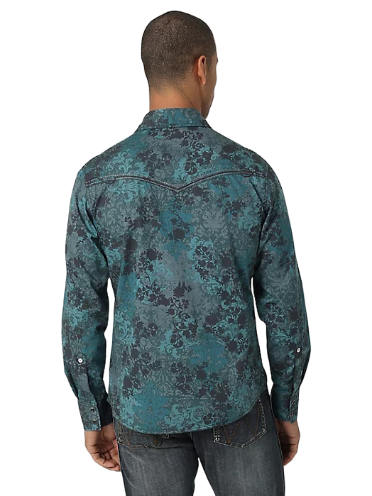 Wrangler Men's Rock 47 Snap Print In Turquoise Shirt