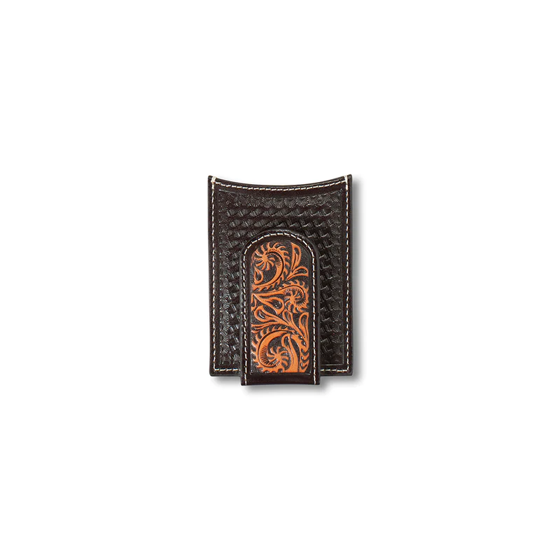 ARIAT Western Money Clip Card Case - Medium Brown Leather With Floral Filigree Clip, Cross Design