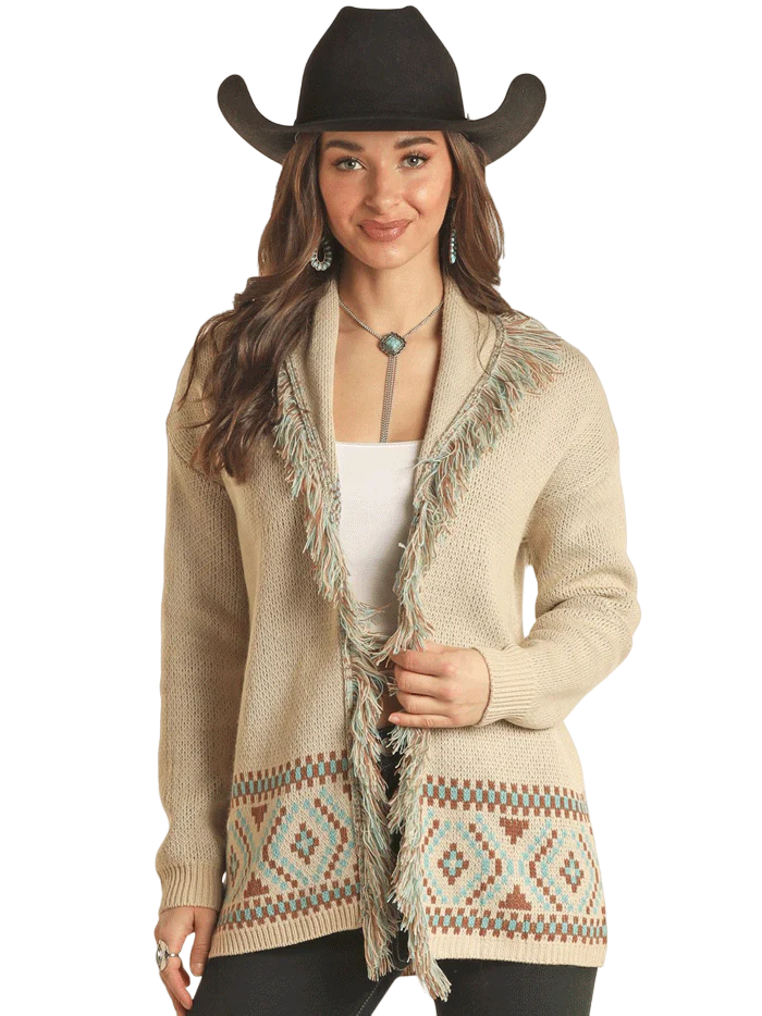 Panhandle Slim Women's With Border And Fringe Tan Sweater