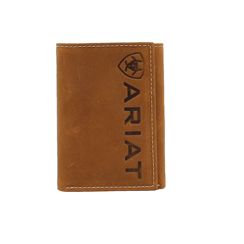 Ariat Men's Trifold Vertical Debossed Logo Brown Wallet
