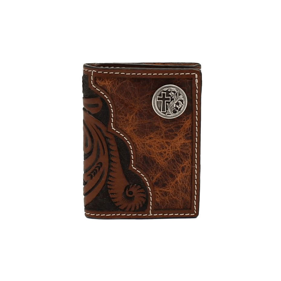 3D Men's Floral Tooled Cross Concho Trifold Brown Wallet