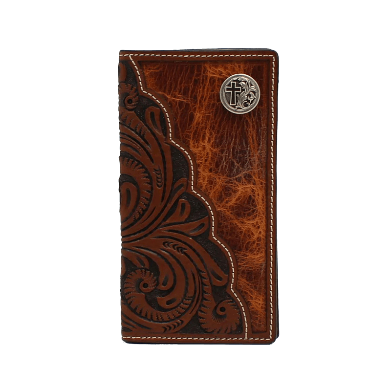 3D Men's Floral Tooled Cross Concho Rodeo Brown Wallet