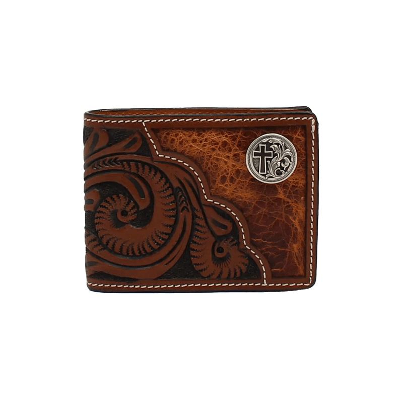 3D Men's Floral Tooled Cross Concho Bifold Brown Wallet