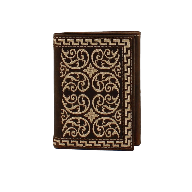 Nocona Men's Cream Embroidered Trifold Brown Wallet