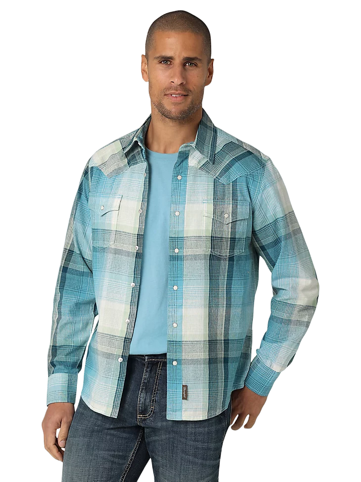 Wrangler Men's Retro Premium Long Sleeve Westerm Blue Shirt - Big