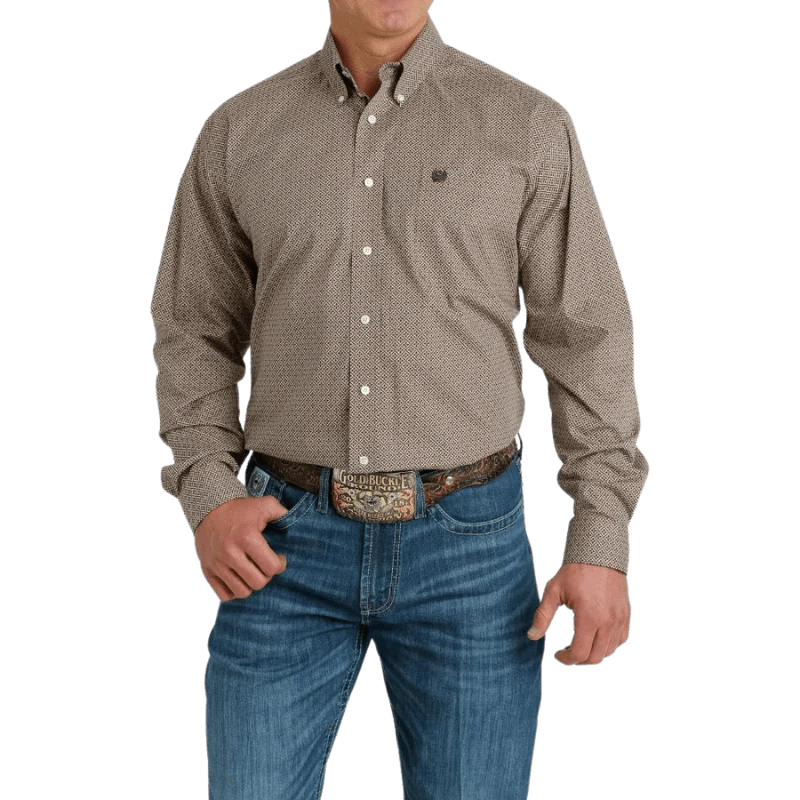 Cinch Men's Khaki Geometric Print Long Sleeve Button Down Western Shirt