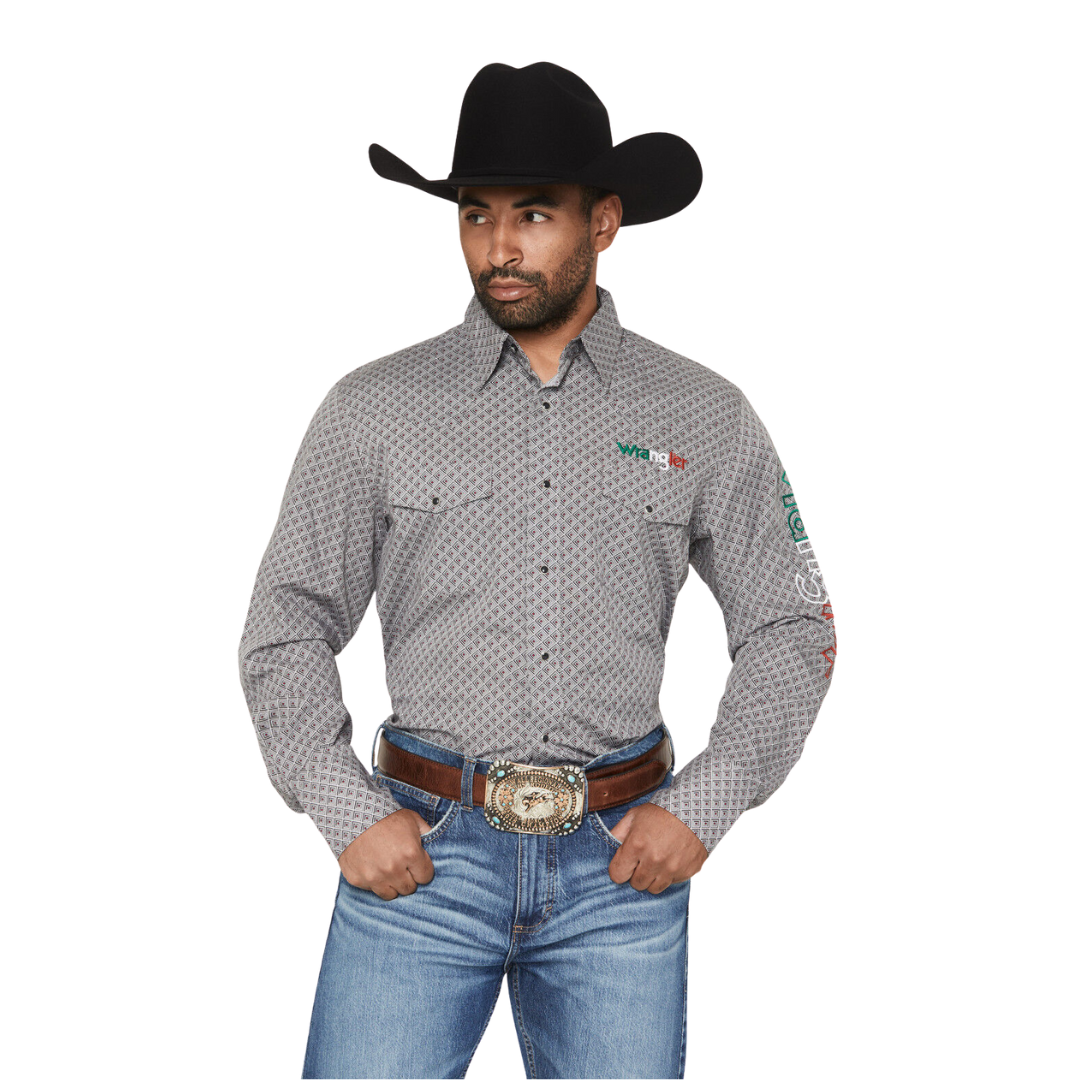 Wrangler Men's Mexico Logo Geo Print Grey Shirt