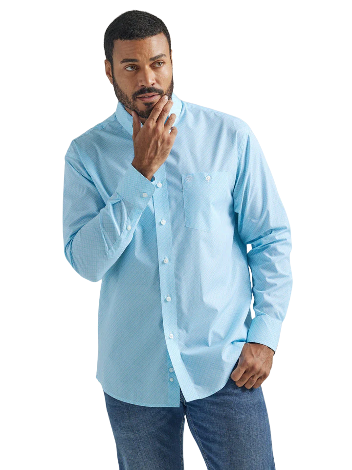 Wrangler Men's Light Blue and White Geo Print Long Sleeve Western Shirt - Big