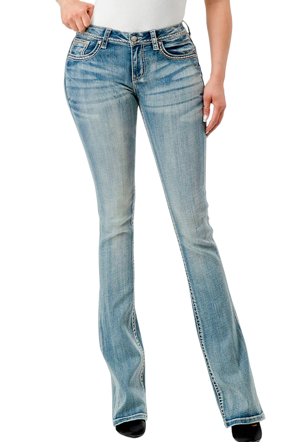 Grace In LA Women's Embroidered Bandana Steerhead Mid Rise Bootcut Jean