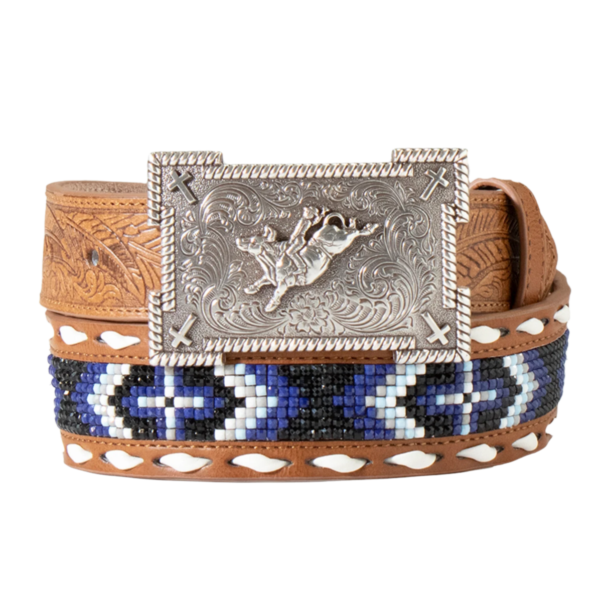 3D Youth Boy's Feather Embossed Bead Inlay Blue Belt