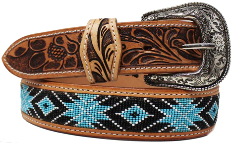 Challenger Western Floral Tooled Beaded Full-Grain Leather Belt