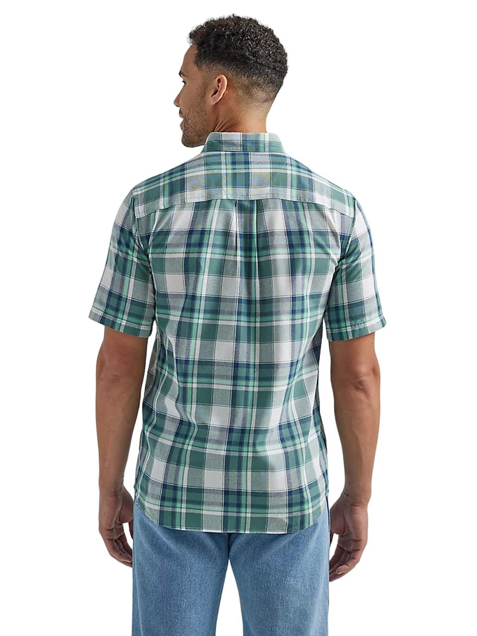 Wrangler Men's Rugged Wear Green & Blue Plaid Short Sleeve Shirt