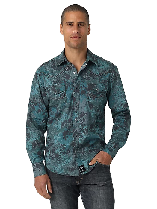 Wrangler Men's Rock 47 Snap Print In Turquoise Shirt