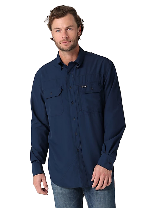 Wrangler Mens Performance Button Front Long Sleeve Solid Blue Shirt