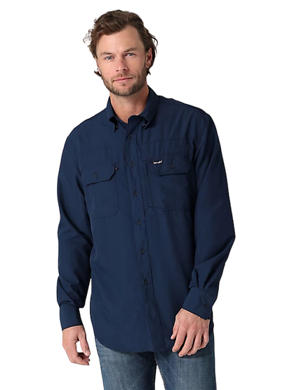 Wrangler Mens Performance Button Front Long Sleeve Solid Blue Shirt