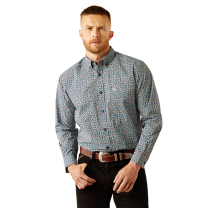 Ariat Mens Santiago Dark Teal Print Long Sleeve Western Shirt