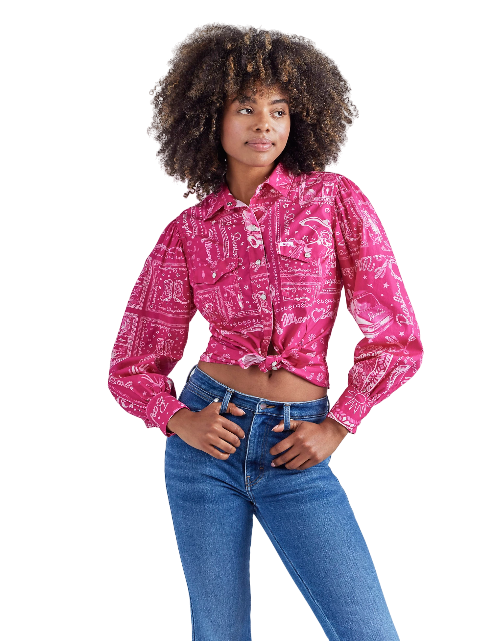Wrangler Women's Barbie Western Balloon Sleeve Printed In Pink Bandana Blouse