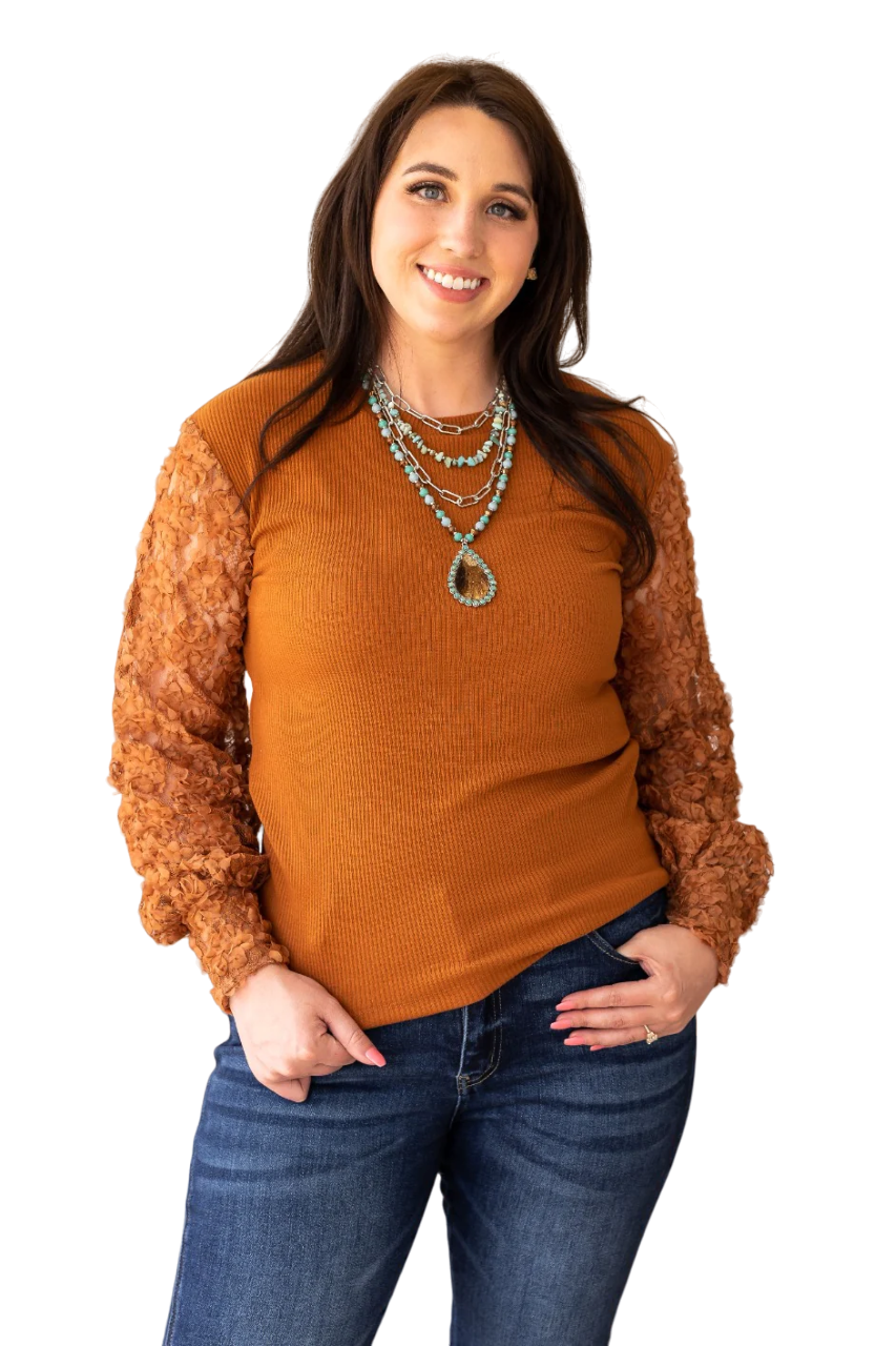 Southern Grace Women's Miss Perfect Rust Floral Mesh Sleeve Shirt