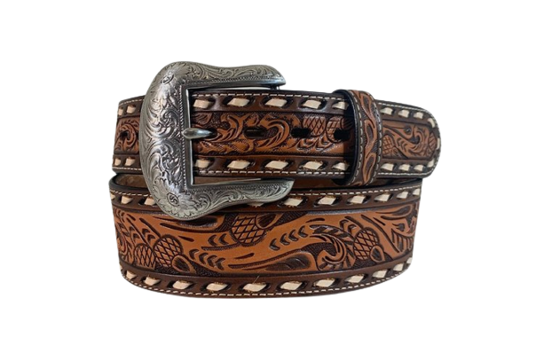 Gem Dandy Men's Floral Hand Tooled Brown Roper Belt
