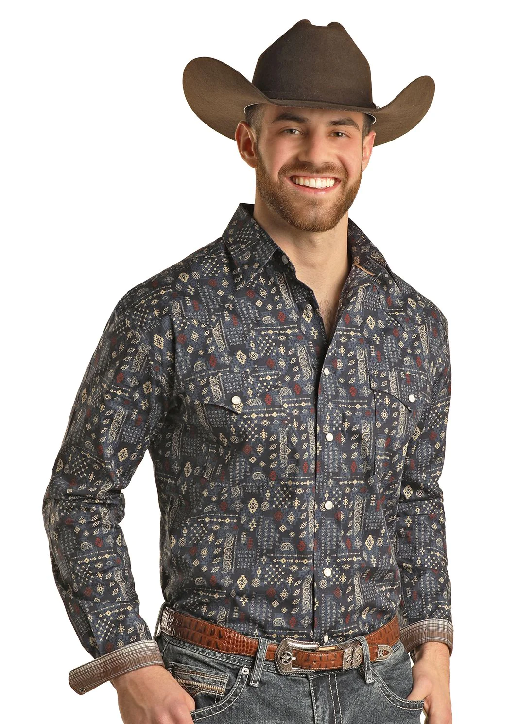 Panhandle Men's Aztec Navy Print Snap Shirt