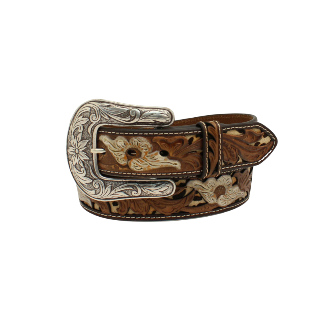 Nocona Women's Brown Flower Leopard Print Inlay Brown Belt