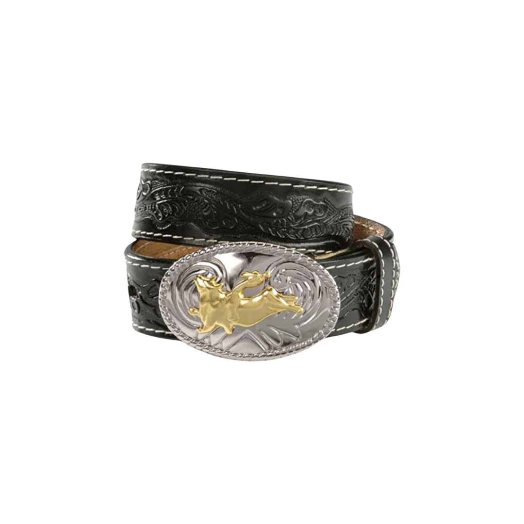 Nocona Youth Boy's Tooled Bull Rider Buckle Black Belt