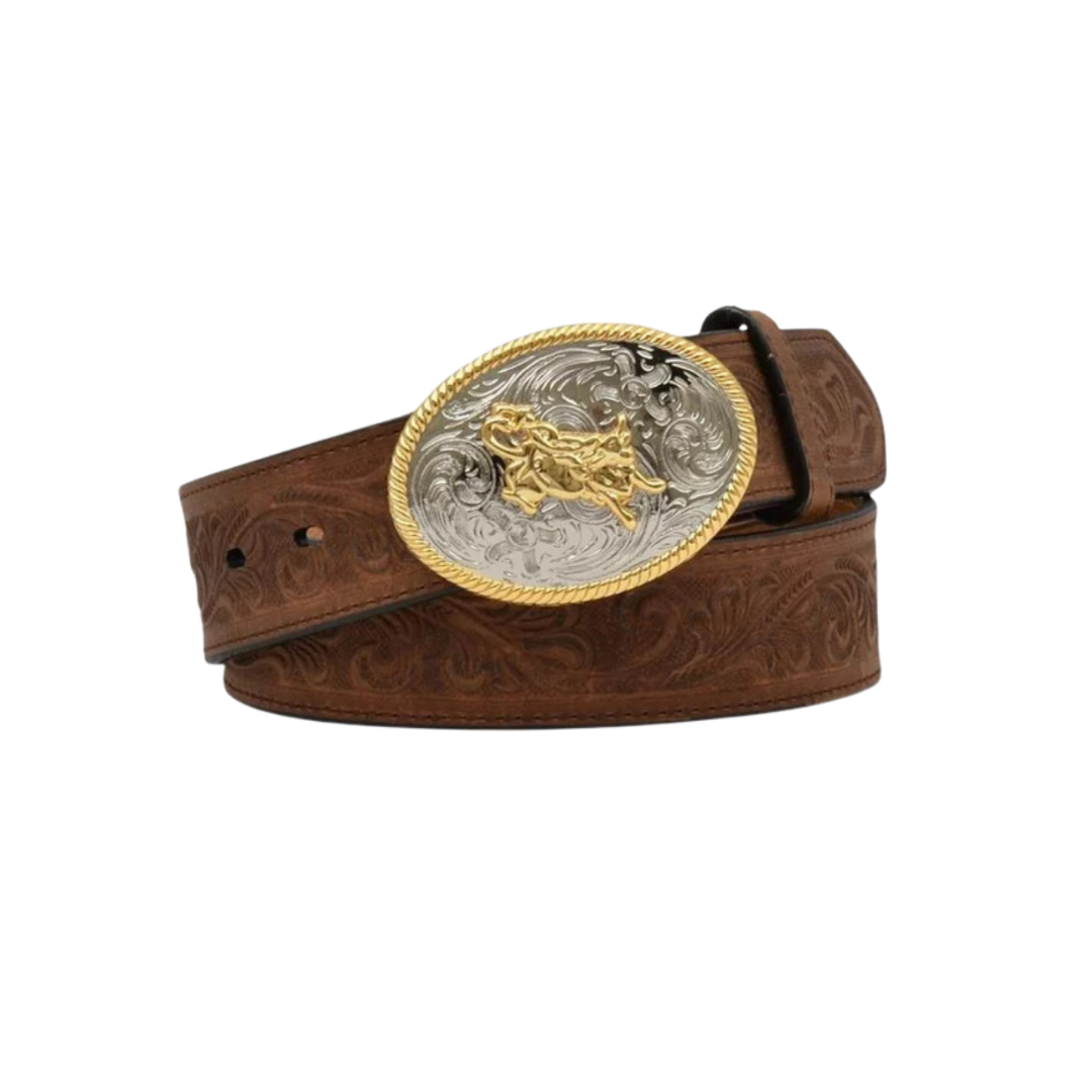3D Youth Boy's Floral Tooled Leather Brown Belt