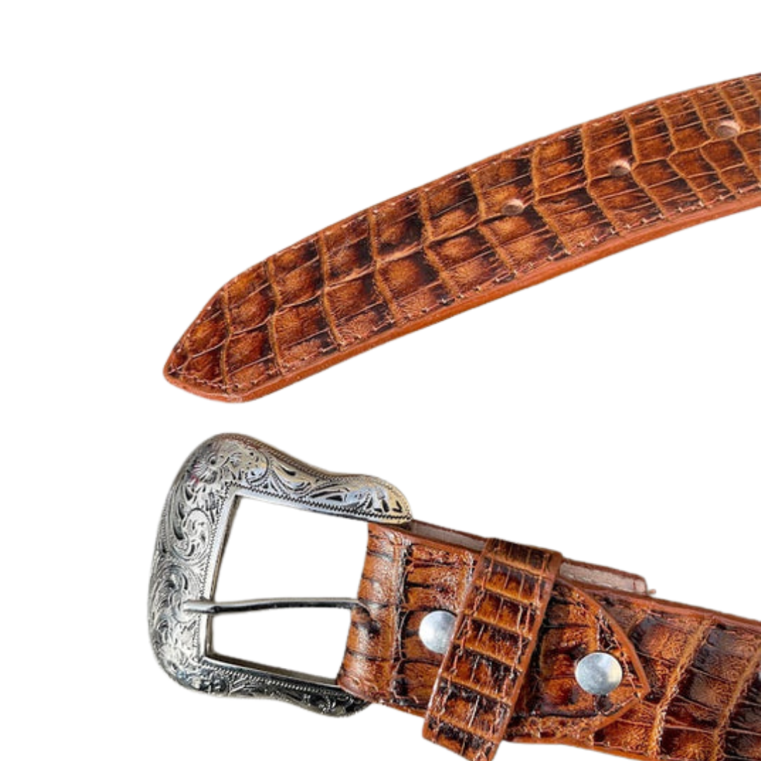Boot Jack Men's Caiman Belly Print Leather Cognac Belt