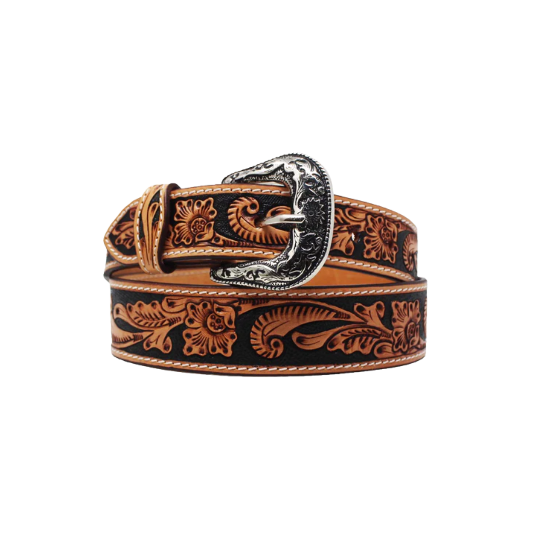 Challenger Men's Western Floral Tooled Leather Brown Belt