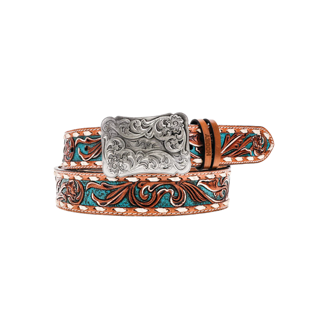 Hooey Women's Sonoma Turquoise Floral Hand Tooled Brown Ivory Belt
