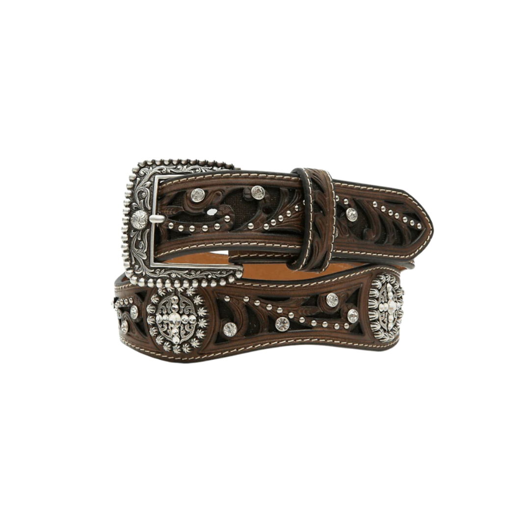 Ariat Women's Scroll Inlay Crystals Scalloped Brown Belt