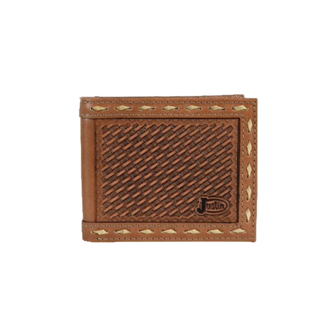 Justin Men's Bifold Basketweave Tooled Brown Wallet