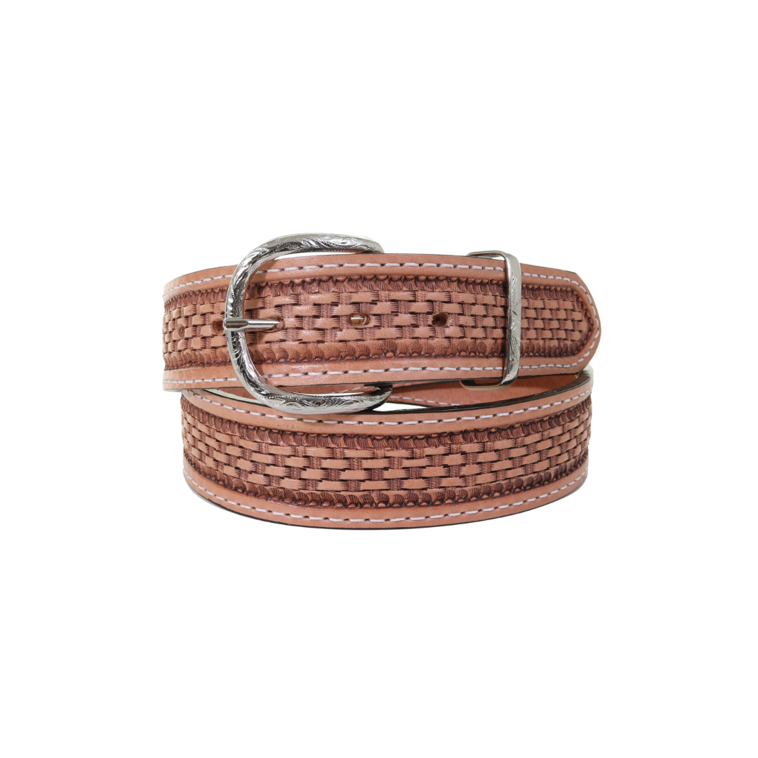 Double J Men's Natural Basket Weave Tooled Brown Belt