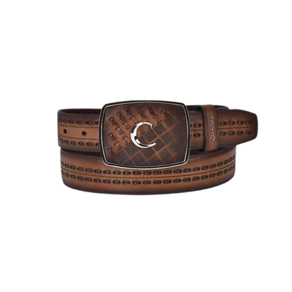Cuadra Men's Laser & Woven Honey Brown Leather Belt