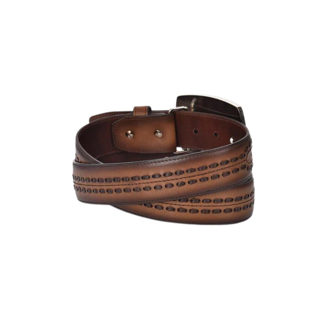 Cuadra Men's Laser & Woven Honey Brown Leather Belt